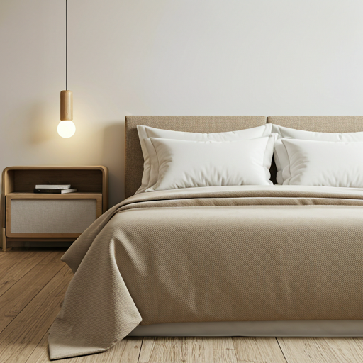 Cama com roupa de cama clara em quarto sereno